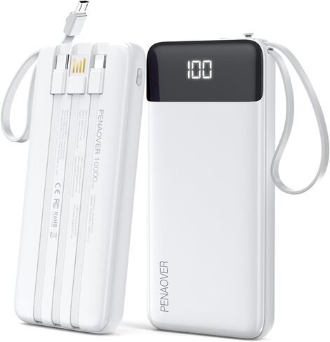 Portable Charger 10000mAh Power Bank with Built-in Cable, 5 Output 2 Input Travel Essential External Battery Pack with LED Display Compatible with iPhone 17/16/15/14 Samsung Android, etc in Kuwait