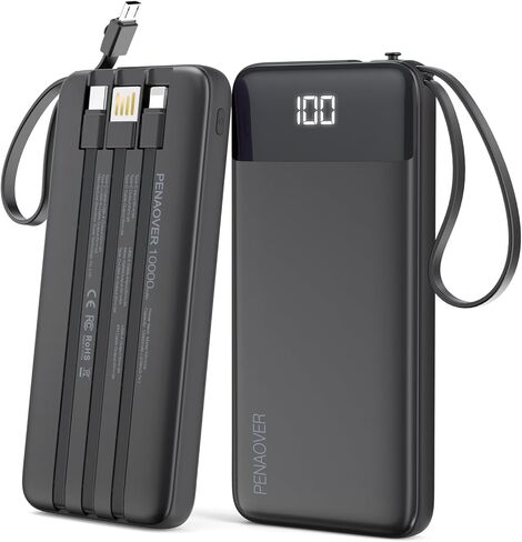 Portable Charger 10000mAh Power Bank with Built-in Cable, 5 Output 2 Input Travel Essential External Battery Pack with LED Display Compatible with iPhone 17/16/15/14 Samsung Android, etc in Kuwait