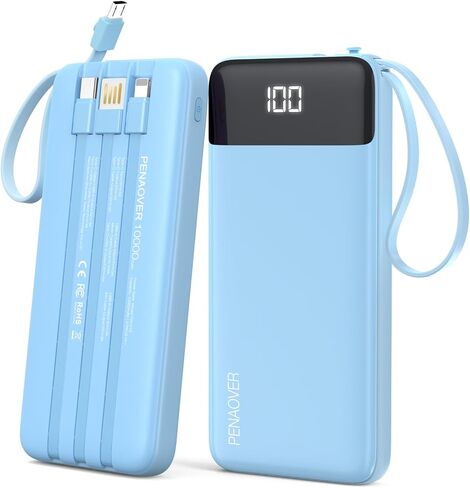 Portable Charger 10000mAh Power Bank with Built-in Cable, 5 Output 2 Input Travel Essential External Battery Pack with LED Display Compatible with iPhone 17/16/15/14 Samsung Android, etc in Kuwait
