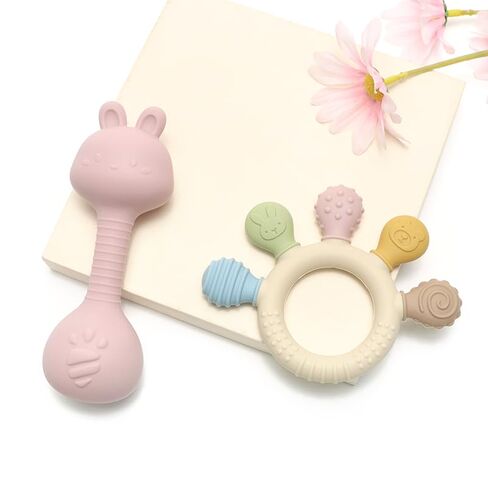 Baby Teether and Rattle Toy Set, BPA-Free, Food-Grade Silicone, Easy-Grip Teething Rattle for Babies, Soothing Teething Toy, Infant Sensory Toy for 3-24 Months (Cat) in Saudi Arabia