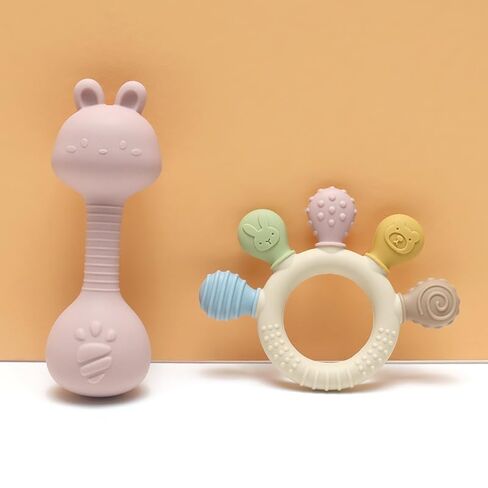 Baby Teether and Rattle Toy Set, BPA-Free, Food-Grade Silicone, Easy-Grip Teething Rattle for Babies, Soothing Teething Toy, Infant Sensory Toy for 3-24 Months (Cat) in Saudi Arabia