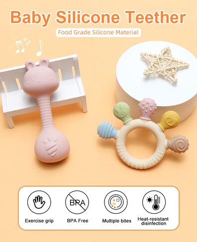 Baby Teether and Rattle Toy Set, BPA-Free, Food-Grade Silicone, Easy-Grip Teething Rattle for Babies, Soothing Teething Toy, Infant Sensory Toy for 3-24 Months (Cat) in Saudi Arabia