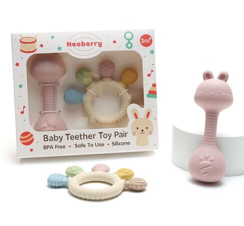 Baby Teether and Rattle Toy Set, BPA-Free, Food-Grade Silicone, Easy-Grip Teething Rattle for Babies, Soothing Teething Toy, Infant Sensory Toy for 3-24 Months (Cat) in Saudi Arabia