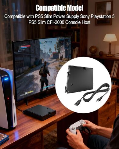 استبدال مصدر الطاقة الداخلي متوافق مع PS5 Slim Power Supply Sony PlayStation 5 PS5 Slim CFI-2000 Host، وحدة التحكم في الألعاب ومحول التيار المتردد وشاحن الطوب مع سلك in Kuwait