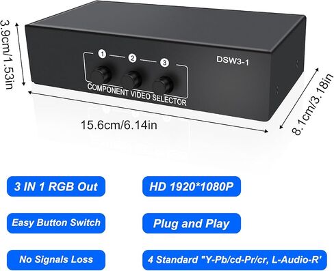 XMSJSIY Component AV Video Switch 3 in 1 Out Composite 5 RCA YPbPr RGB Selector Switcher AV Splitter Converter Box 3-Way Hub 1080P for Xbox 360 Wii PS2 PS3 DVD VCD EVD HDVD in Saudi Arabia