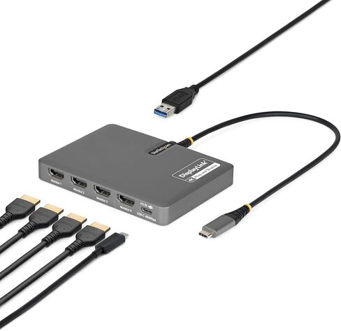 قاعدة محطة عمل StarTech USB-C إلى Quad HDMI 4K60، ممر PD 140 وات، USB للوحة المفاتيح والماوس، Windows، Mac M1-M5، USB4، أجهزة الكمبيوتر المحمولة Thunderbolt، DisplayLink DL7400، TAA (Quad-USB-HDMI-Adapt) in Saudi Arabia