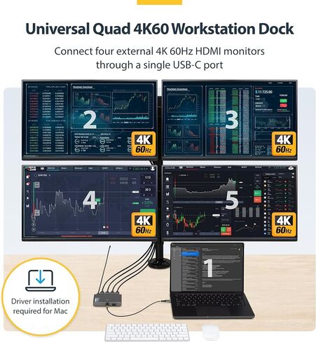 قاعدة محطة عمل StarTech USB-C إلى Quad HDMI 4K60، ممر PD 140 وات، USB للوحة المفاتيح والماوس، Windows، Mac M1-M5، USB4، أجهزة الكمبيوتر المحمولة Thunderbolt، DisplayLink DL7400، TAA (Quad-USB-HDMI-Adapt) in Saudi Arabia