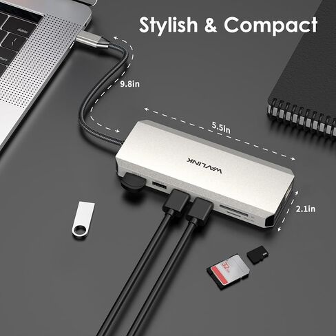 محطة إرساء الكمبيوتر المحمول WAVLINK USB C بشاشة مزدوجة لأجهزة Dell/Lenovo/HP/XPS، ومحول USB-C متعدد المنافذ مع 2 HDMI، ومنفذ DisplayPort، ومحور إيثرنت، وتوصيل طاقة 85 وات، وقارئ بطاقة SD، وصوت in Saudi Arabia