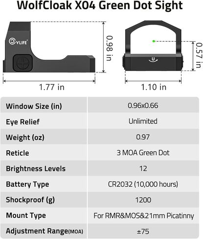 CVLIFE WolfCloak X04 Motion Awake Green Dot Sight for RMR Cut Footprint, 3 MOA Green Dot Open Reflex Sight, 24mm Lens Optics Scope for Full-Sized Pistols, Adapter for Glock MOS & 21mm Picatinny Base in Saudi Arabia