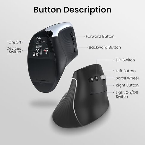 ماوس رأسي لاسلكي مريح، ثلاثي الوضع قابل لإعادة الشحن (بلوتوث مزدوج + 2.4 جيجا USB) ماوس بصري مع إضاءة RGB قابلة للتعديل، تحكم متعدد الأجهزة للكمبيوتر المحمول، الكمبيوتر الشخصي، ماك، آيباد، سطح المكتب (أسود داكن) in Kuwait