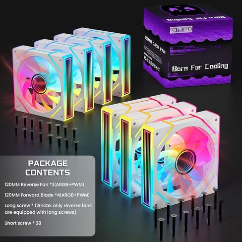 7 قطع مروحة ARGB - 4 مراوح أمامية + 3 مراوح عكسية، 28 مصباح LED، 120 مم 4 سنون PWM مروحة تبريد حافظة كمبيوتر صامتة، حتى 1500 دورة في الدقيقة تبريد الكمبيوتر، أبيض in Kuwait