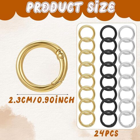 24 Pcs Metal Spring O Rings, Ring Clip for Purse Strap, Trigger Round Snap Buckle, Round Carabiner Clips Keyrings for Bag Purse Handbag Strap Craft DIY Accessory (Silver+Gold+Black, 1 Inch) in Saudi Arabia