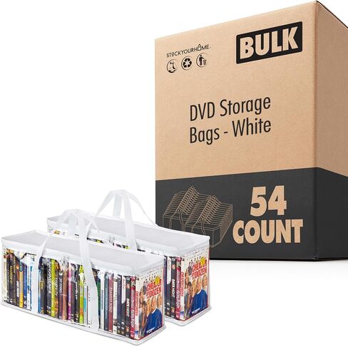 Stock Your Home DVD Storage Bags (Set of 54) Media Organizer Bag for DVDs, CDs, Blu Ray Disc, Movie Cases, VHS Box, Video Game Disks, Clear Plastic Holders with Carrying Handles and Zipper - White in Saudi Arabia