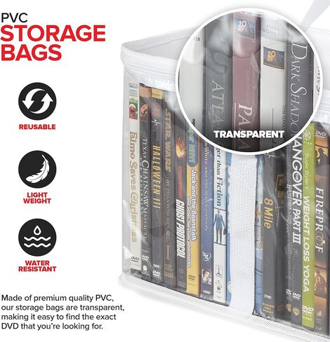 Stock Your Home DVD Storage Bags (Set of 54) Media Organizer Bag for DVDs, CDs, Blu Ray Disc, Movie Cases, VHS Box, Video Game Disks, Clear Plastic Holders with Carrying Handles and Zipper - White in Saudi Arabia