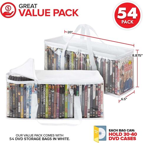 Stock Your Home DVD Storage Bags (Set of 54) Media Organizer Bag for DVDs, CDs, Blu Ray Disc, Movie Cases, VHS Box, Video Game Disks, Clear Plastic Holders with Carrying Handles and Zipper - White in Saudi Arabia