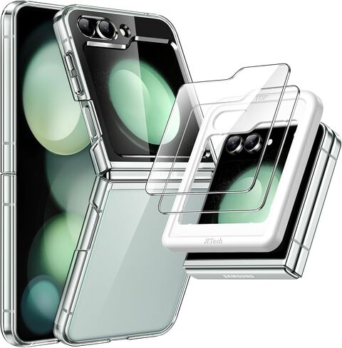 JETech 3 in 1 Case for Samsung Galaxy Z Flip 5 with 2-Pack Tempered Glass Front Screen Protector, Crystal Transparent Hard PC Shell Protective Phone Cover (Clear) in Saudi Arabia
