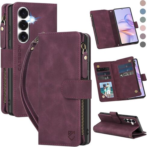 for Samsung Galaxy S25-FE-Wallet Case: with RFID Blocking Card Slots (6 Cards) | Soft PU Leather Magnetic Snap Zipper Pocket | Crossbody Wrist Strap Protective Phone Cover - Brown in Saudi Arabia
