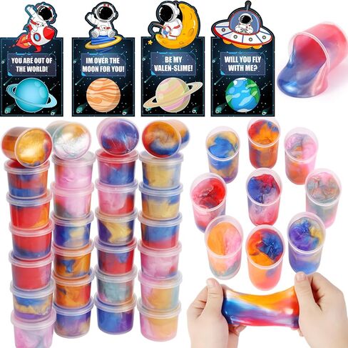 28 Pack Valentines Day Cards for Kids With Galaxy Slime ، ألعاب تململ الإجهاد مع البطاقات وبطاقات عيد الحب لتبادل الفصول الدراسية للأطفال والهدايا. in Kuwait