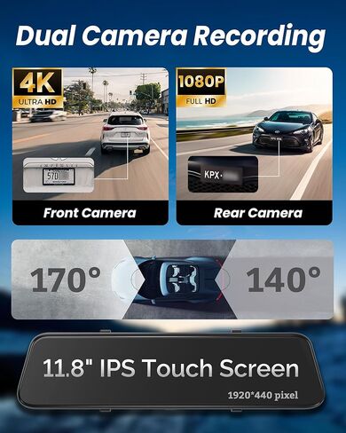 كاميرا مرآة الرؤية الخلفية بدقة 4K مع CarPlay&Andorid Auto، وكاميرا أمامية وخلفية مرآة ذكية مقاس 12 بوصة للسيارة مع التحكم الصوتي وشاشة تعمل باللمس، ومساعدة عكسية/تسجيل حلقي/مستشعر G/بطاقة 64 جيجابايت متضمنة in Kuwait