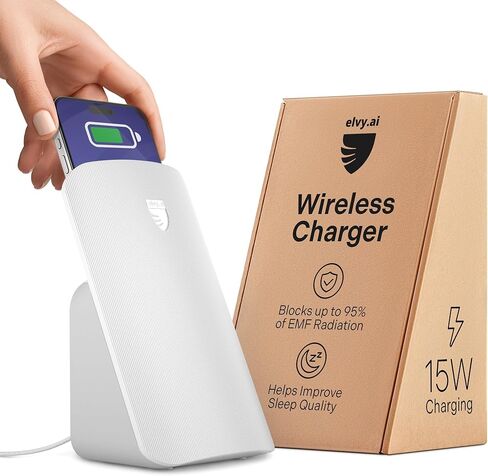 شاحن Elvy Fast Qi اللاسلكي للهواتف المحمولة - مصمم بتقنية إدارة EMF لتعزيز الشحن، حماية بيئية متقدمة، تم اختباره معمليًا بواسطة Ordos Tech، 2023 (أبيض ثلجي) in Kuwait