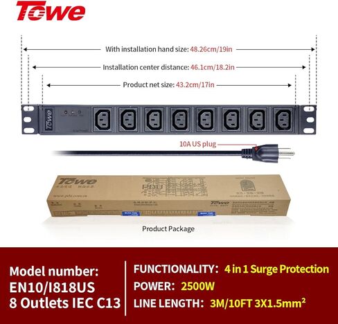 قطاع الطاقة، IEC C13 معدني 8 منافذ قابلة للتركيب، قطاع طاقة شديد التحمل مع قابس أمريكي 10 أقدام، 10 أمبير 2500 واط حامل خادم أفقي قابل للتركيب PDU/توزيع الطاقة في مركز البيانات in Saudi Arabia