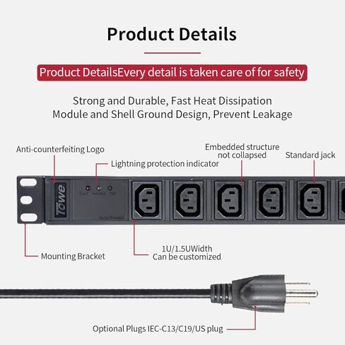 قطاع الطاقة، IEC C13 معدني 8 منافذ قابلة للتركيب، قطاع طاقة شديد التحمل مع قابس أمريكي 10 أقدام، 10 أمبير 2500 واط حامل خادم أفقي قابل للتركيب PDU/توزيع الطاقة في مركز البيانات in Saudi Arabia