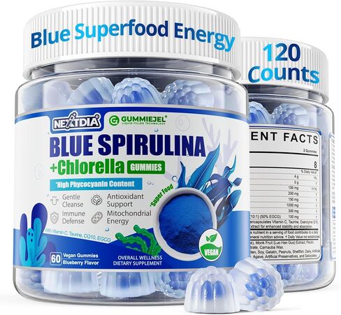 Organic Blue Spirulina Gummies, High Phycocyanin from Nutrient-Rich Blue-Green Algae for Antioxidants, Cellular Energy & Cleanse, Superfood w/Chlorella, CoQ10 & VC,Taurine,Green Tea, Sugar Free, 60 Ct in Saudi Arabia