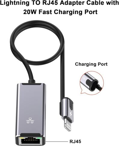 [Apple MFi Certified] 2 in 1 RJ45 Ethernet LAN Network Adapter with Charging Port, Lightning to E thernet Cable,1.6ft iPhone to RJ45 Ethernet Cord for iPhone iPad iPod Laptop,Supports 100Mbps in Kuwait