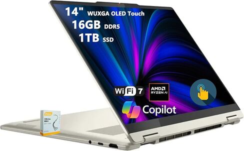 لينوفو يوجا 7 2 في 1 مساعد الطيار + كمبيوتر محمول AI | شاشة WUXGA OLED تعمل باللمس مقاس 14 بوصة (100% DCI-P3) | AMD Ryzen AI 5 340 (ما يصل إلى 50 سطحًا) | ذاكرة DDR5 سعة 16 جيجابايت وسعة 1 تيرابايت SSD | لـ Creator Business Professional Win11 مع ملحق DLCA in Kuwait