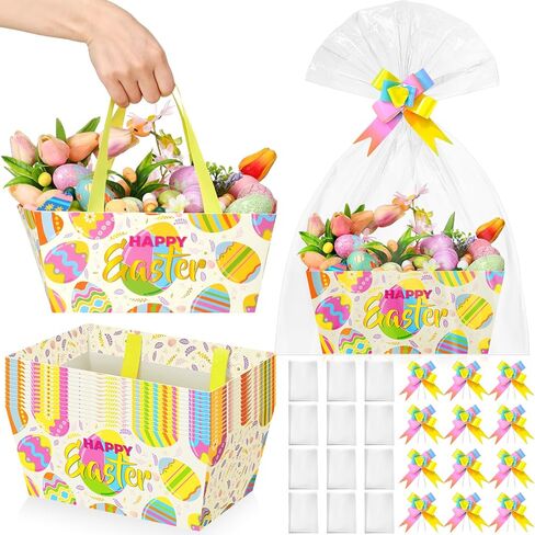 Skyygemm 12 PCS سلة عيد الفصح للهدايا فارغة 9.8 × 6.5 '' سلة هدايا ملونة مع مقابض وأقواس وأكياس بلاستيكية وروابط تويست لملء عيد الفصح الربيع عيد ميلاد الأشياء الجيدة in Saudi Arabia