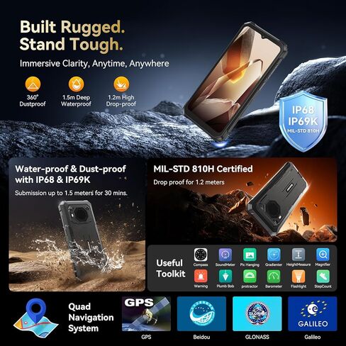 Blackview BV6200Plus هاتف متين Android 15، 98dB Super مكبر صوت 11000 مللي أمبير، 24 جيجابايت + 256 جيجابايت/2 تيرابايت هاتف ذكي متين غير مقفل، 6.56 بوصة HD + 90 هرتز مقاوم للماء 2025 NFC/بصمة الإصبع/GPS/T-moblie/IP69K/3 فتحات in Kuwait