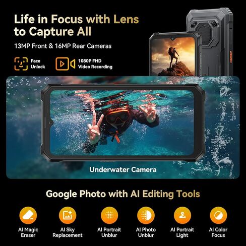 Blackview BV6200Plus هاتف متين Android 15، 98dB Super مكبر صوت 11000 مللي أمبير، 24 جيجابايت + 256 جيجابايت/2 تيرابايت هاتف ذكي متين غير مقفل، 6.56 بوصة HD + 90 هرتز مقاوم للماء 2025 NFC/بصمة الإصبع/GPS/T-moblie/IP69K/3 فتحات in Kuwait