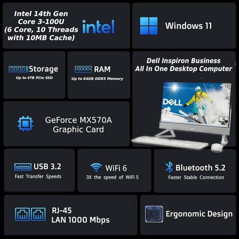 كمبيوتر مكتبي الكل في واحد من Dell، شاشة FHD مقاس 24 بوصة بإضاءة زرقاء منخفضة، تصميم فائق الهدوء، الجيل الرابع عشر من الجيل السادس Intel Core 3-100U، ذاكرة DDR5 سعة 16 جيجابايت، محرك أقراص PCIe SSD سعة 512 جيجابايت، لوحة مفاتيح وماوس لاسلكي أبيض، Windows  in Kuwait