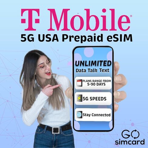 شريحة T-Mobile eSIM الأمريكية لمدة شهر واحد | 5G/4G LTE بيانات/مكالمات/نصوص غير محدودة عالية السرعة (البر الرئيسي للولايات المتحدة/هاواي) بطاقة eSIM مدفوعة مسبقًا (شهر واحد) in Saudi Arabia