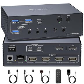 محطة إرساء Thunderbolt KVM لأجهزة Macbook 4 شاشات 2 كمبيوتر HDMI 4K60 هرتز Displaylink USB C Dock لأجهزة الكمبيوتر المحمولة/سطح المكتب مشاركة 4xHDMI USBA/C Ethernet دعم الصوت الممتد/وضع النسخ in Kuwait