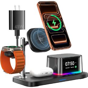 ساعة منبه مع شحن لاسلكي، محطة شحن 7 في 1 مع إضاءة ليلية، مكبرات صوت بلوتوث، شاحن مغناطيسي Qi2 25 وات لهاتف iPhone 17 16 15 14 13 12 Pro Max Plus Apple Watch Airpods، غرفة النوم in Kuwait