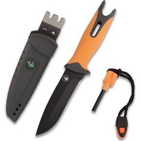 سكين صيد بشفرة ثابتة - شفرة من الفولاذ المقاوم للصدأ، سكين بشفرة ثابتة مع غمد، مشعل نار، مبراة، صافرة وبوصلة، سكين تكتيكي للبقاء على قيد الحياة للصيد وصيد الأسماك والتخييم وصناعة الأدغال in Kuwait