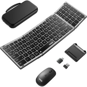 مجموعة لوحة مفاتيح وماوس محمولة قابلة للطي، اتصال Bluetooth1/2+USB A+Type C(4 في 1)، قفل لوحة المفاتيح، تصميم صامت لاسلكي قابل للطي بالحجم الكامل للسفر/المنزل/المكتب - أسود رمادي in Kuwait