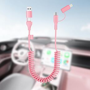 Coiled Carplay 4-in-1 USBA/Type C to USB-C/Lightning Cable Multi Combo for Apple Carplay& Android Auto,60W Fast Charge&Data Sync Car Charger Cord for iPhone 15/14/13/12,Samsung,Android-Pink in Saudi Arabia