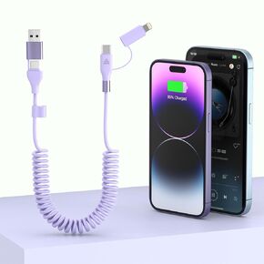 ملفوف Carplay 4 في 1 USBA/Type C إلى USB-C/Lightning Cable متعدد التحرير والسرد لـ Apple Carplay & Android Auto، 60 واط شحن سريع ومزامنة البيانات سلك شاحن سيارة لهاتف iPhone 15/14/13/12، سامسونج، Android-Pink in Kuwait