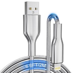 كابل شحن iPhone مقاوم للمضغ بطول 6.6أقدام، كابل USB إلى Lightning معتمد من MFi، سلك شاحن iPhone مضفر معدني فضي مع شحن سريع 3A، متوافق مع iPhone 14/13/12/11/8/7/6/X/XS/XR in Kuwait