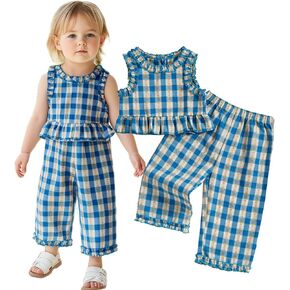 2PCS Infant Baby Girls Sleeveless Tank Top Floral Plaid Ruffle Vest + Plaid Floral Pants Outfits Sets in Kuwait