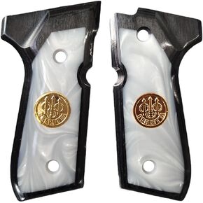 مقابض CTG لـ Beretta 92 FS، لؤلؤة بيضاء، لؤلؤة ذهبية، عاجية مربوطة، مع ميدالية ذهبية، نسيج خشبي أسود، يناسب 92FS، 92F، 92A1، M9، M9A1 - لوحات قبضة مسدس كاملة الحجم in Kuwait
