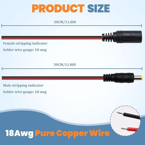 10 Pairs (Real 18AWG) 12V 5A DC Power Pigtail Barrel Plug Connector Cable,5.5mm x 2.1mm Male Female DC Pigtail Connectors Surveillance Camera Cables for CCTV Security Camera O-116 in Kuwait
