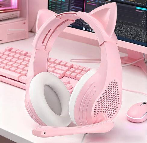 GIME Pink Gaming Headset - Cute Cat Ears Wired Over Ear Headphones with Mic - Compatible with Xbox/PS4/ PS5/ PC Computer/Laptop/Phone in Saudi Arabia
