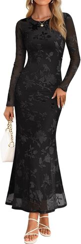 MEROKEETY Women's 2026 Spring Wedding Guest Maxi Dress Long Sleeve Bodycon Floral Mesh Fall Cocktail Formal Party Dresses in Saudi Arabia