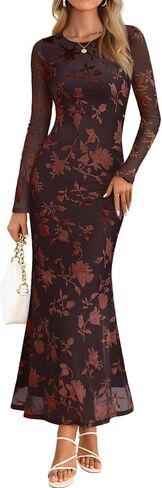 MEROKEETY Women's Fall Long Sleeve Maxi Dresses Bodycon Floral Mesh Sexy Wedding Guest Cocktail Party Dress in Saudi Arabia