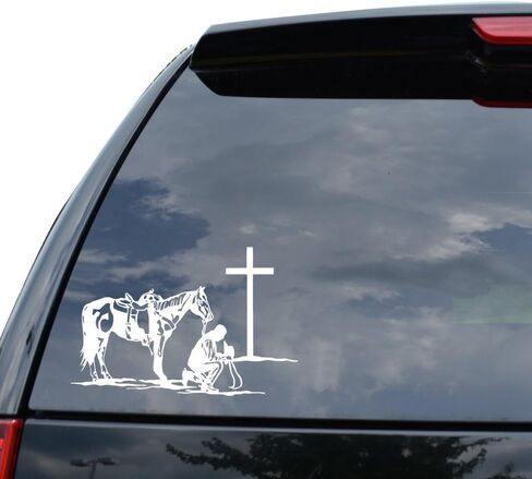 Cowboy Horse Praying Knees Cross Decal Sticker Car Truck Motorcycle Window Bumper Laptop Wall Decor - Size (07 inch / 18 cm Wide) - Color (Gloss White) in Saudi Arabia