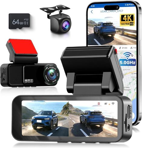 كاميرا داش كام أمامية وخلفية بدقة 5 جيجا هرتز واي فاي 4K، كاميرا داش عالية الدقة للسيارات، بطاقة مجانية سعة 64 جيجابايت، نظام تحديد المواقع/واي فاي مدمج، شاشة IPS 3.16 بوصة تدعم التحكم في التطبيقات، مستشعر G، رؤية ليلية، وضع ركن السيارة على مدار 24 ساعة in Kuwait