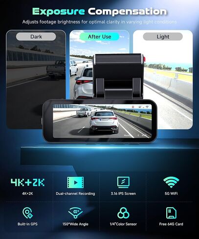 كاميرا داش كام أمامية وخلفية بدقة 5 جيجا هرتز واي فاي 4K، كاميرا داش عالية الدقة للسيارات، بطاقة مجانية سعة 64 جيجابايت، نظام تحديد المواقع/واي فاي مدمج، شاشة IPS 3.16 بوصة تدعم التحكم في التطبيقات، مستشعر G، رؤية ليلية، وضع ركن السيارة على مدار 24 ساعة in Kuwait